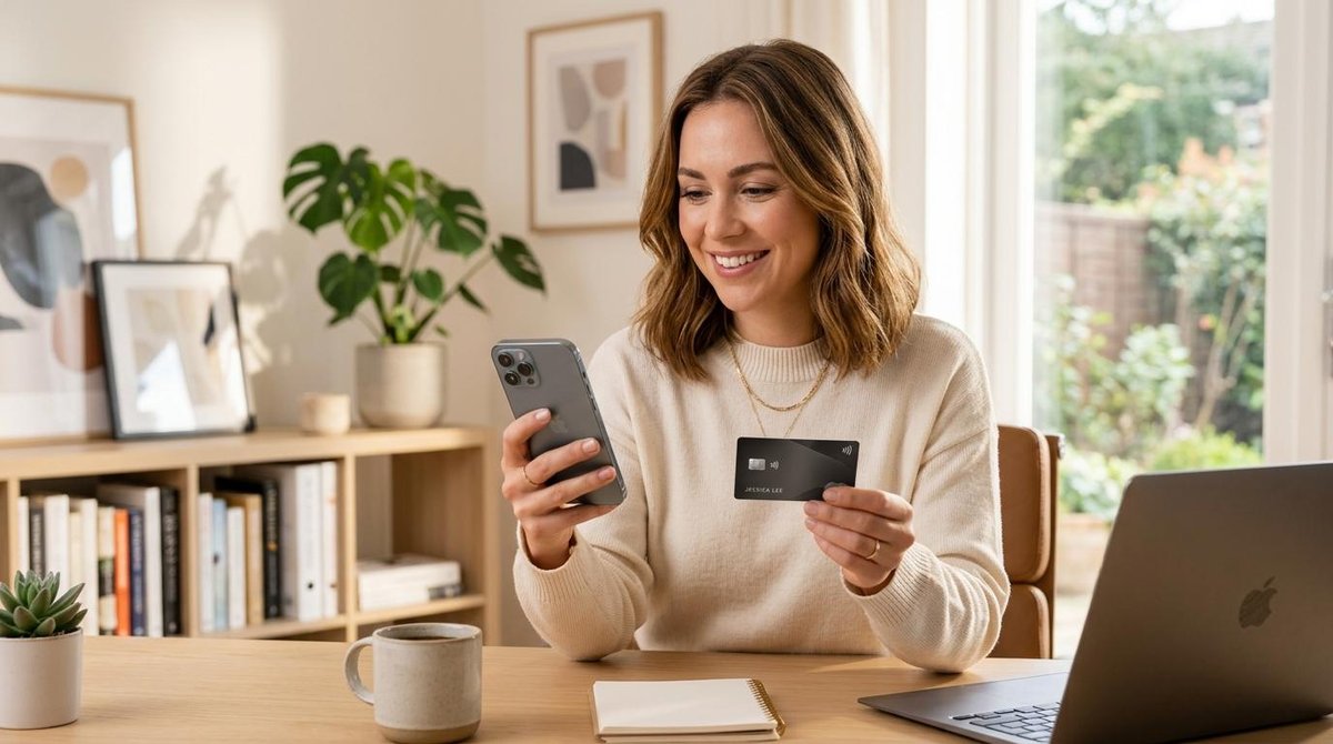 Mulher segurando um celular em uma mão e um cartão do banco em outra