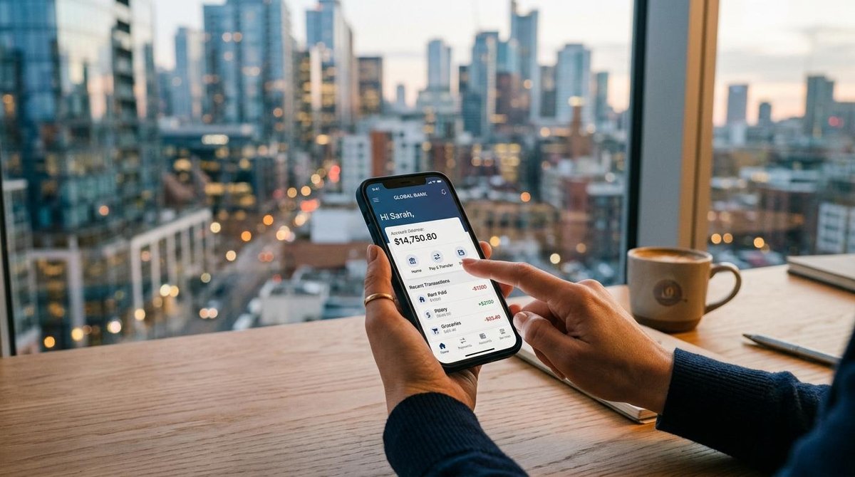 Pessoa segurando um celular em mãos com o aplicativo do banco aberto
