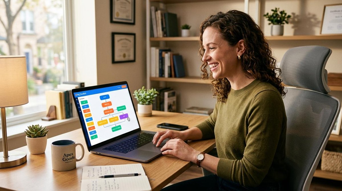 Mulher sentada com o notebook configurando Chatbots Pmes sem programação