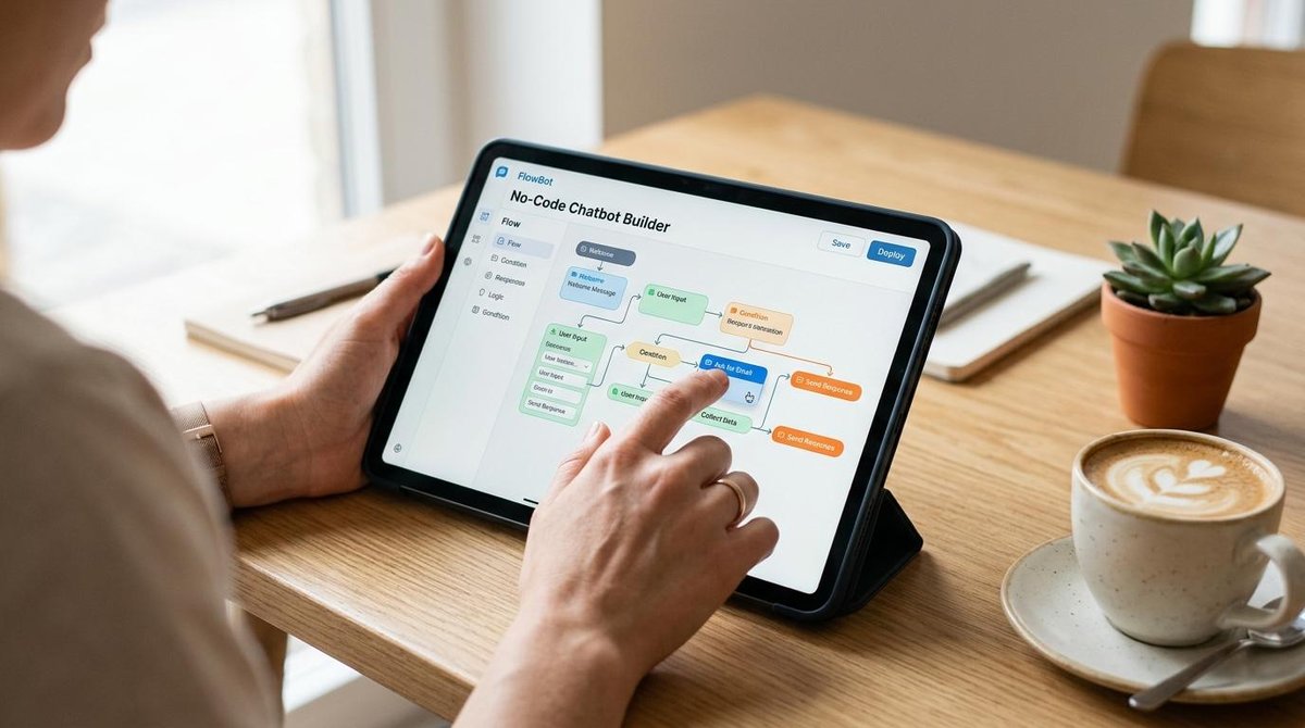Pessoa configurando ferramentas no Code Chatbot pelo tablet