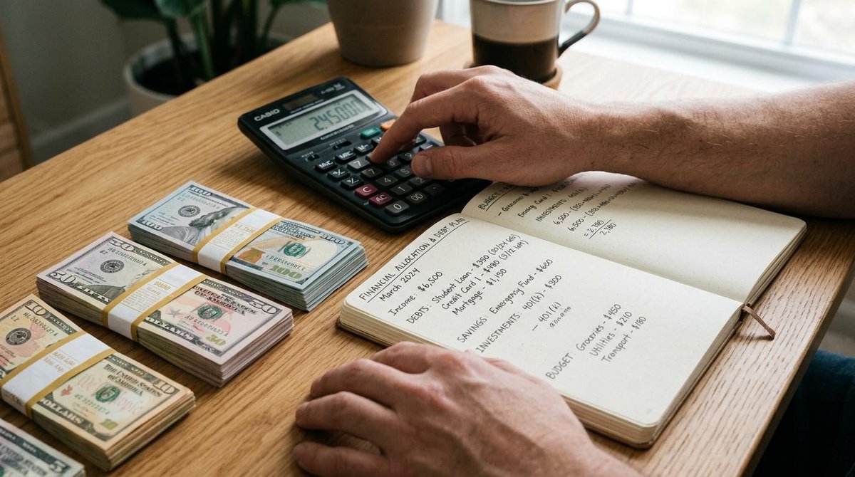 Pessoa fazendo cálculos em uma calculadora enquanto faz anotações em um caderno