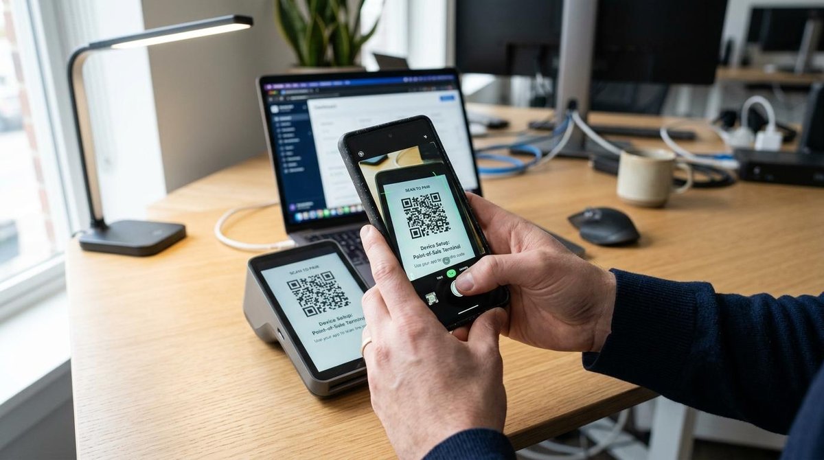 Homem escaneando QR Code de uma maquininha de cartão