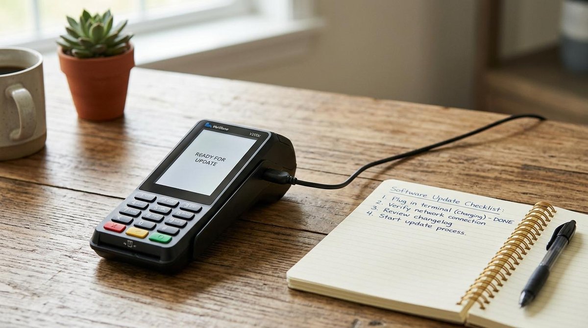Maquininha de cartão em cima de uma mesa com um caderno ao lado