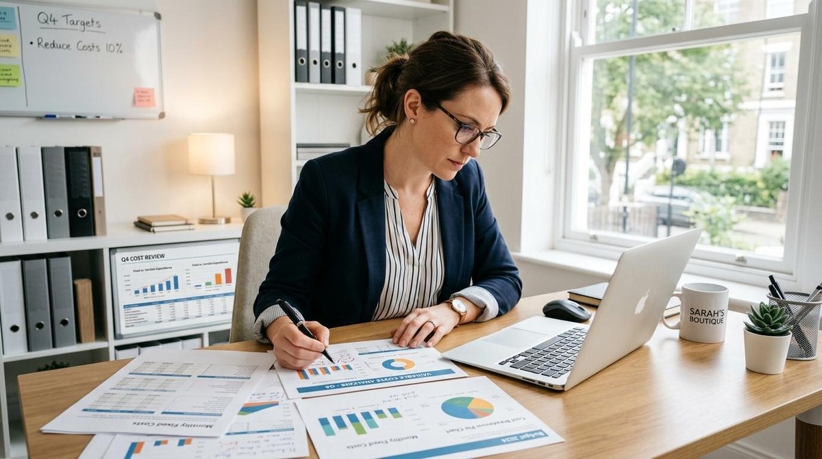 Pequeno empresário concentrado revisando documentos de custos fixos e variáveis em uma mesa organizada com notebook aberto e gráficos impressos, em um