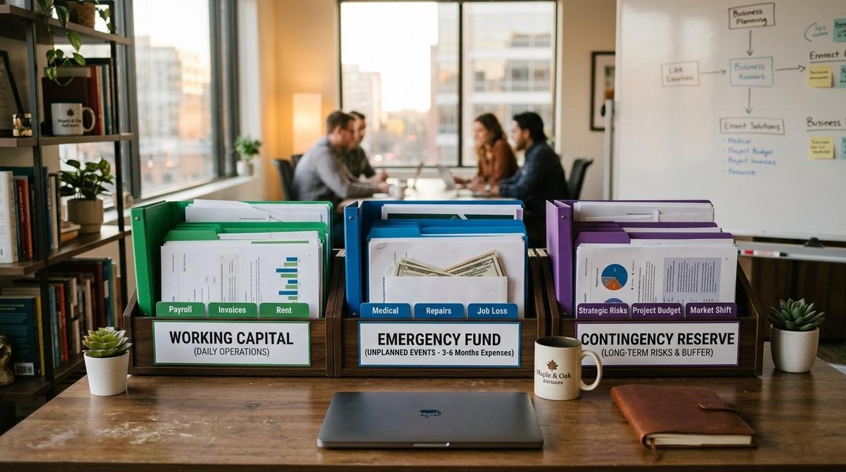 Mesa de escritório com pastas organizadas e documentos financeiros separados em categorias distintas, representando visualmente a diferença entre capi