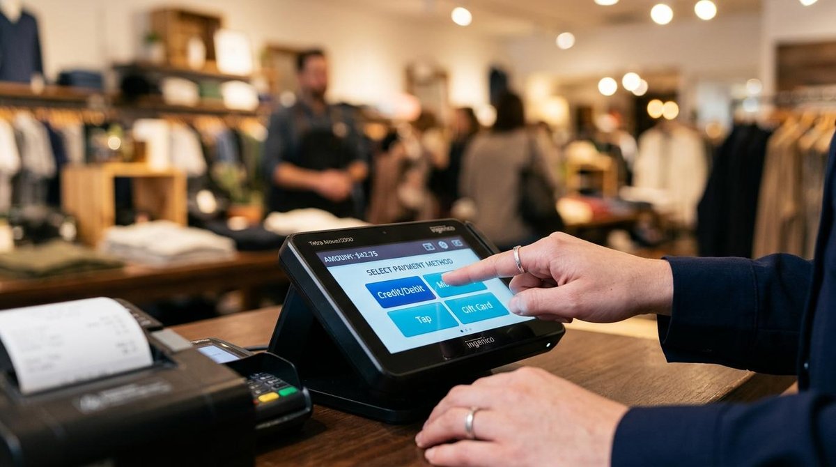 Atendente de caixa selecionando a forma de pagamento em um tablet