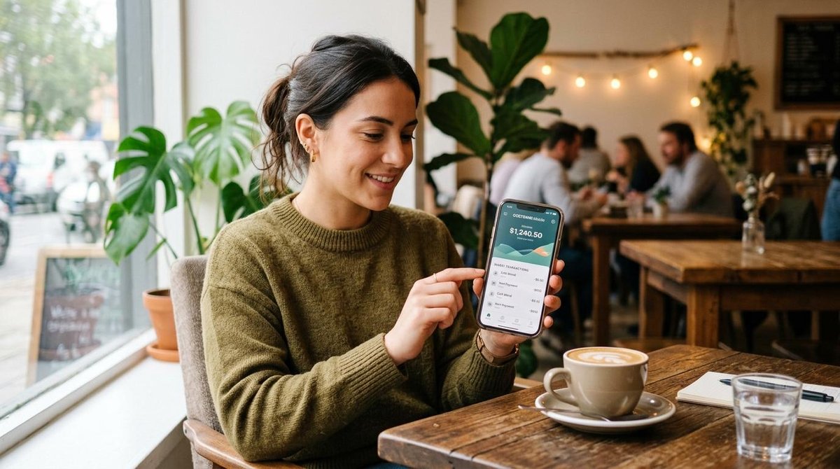 Mulher em uma cafeteria com o celular em mãos mostrando o aplicativo do banco