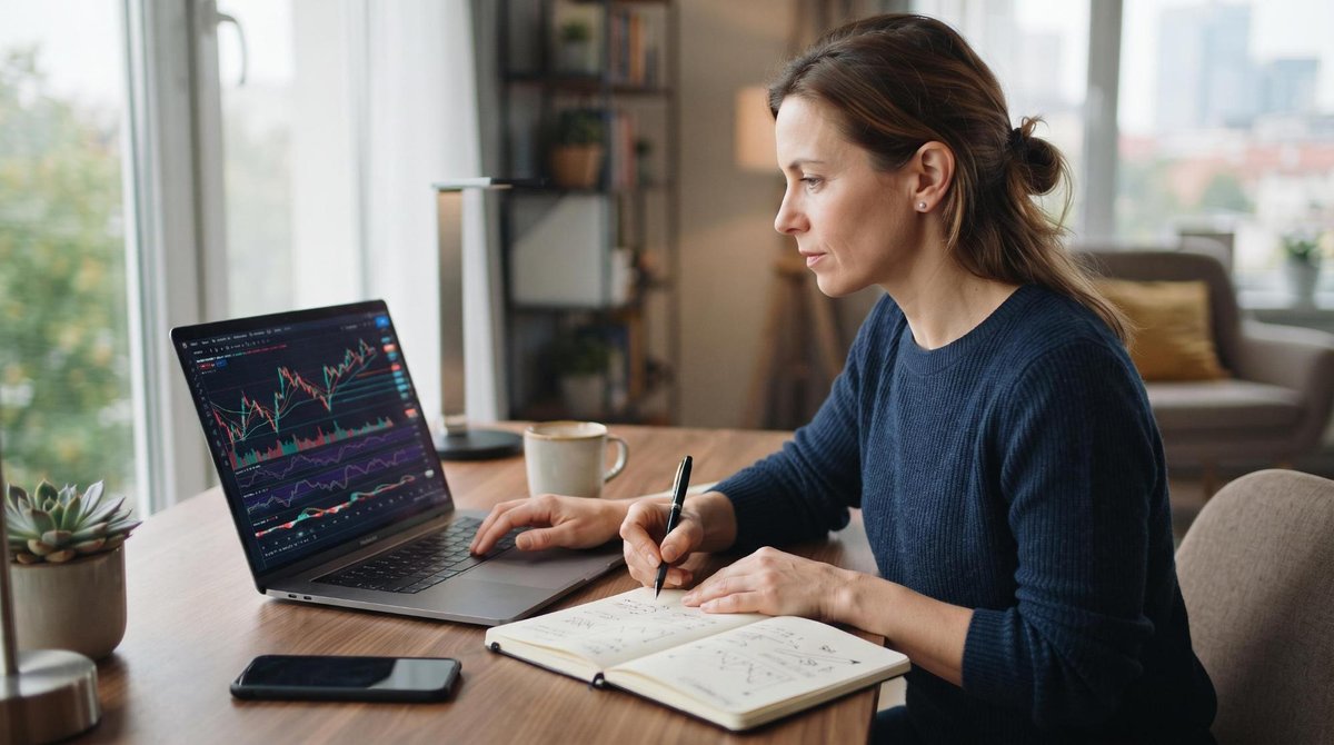 Pessoa analisando extrato de investimentos em um celular enquanto faz anotações em um caderno