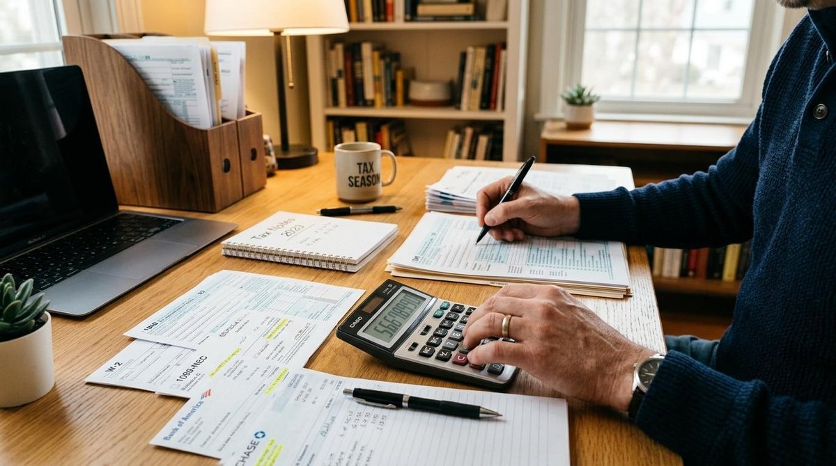 Mãos de uma pessoa calculando impostos sobre uma mesa organizada com documentos financeiros, calculadora e extratos bancários, em um ambiente de home