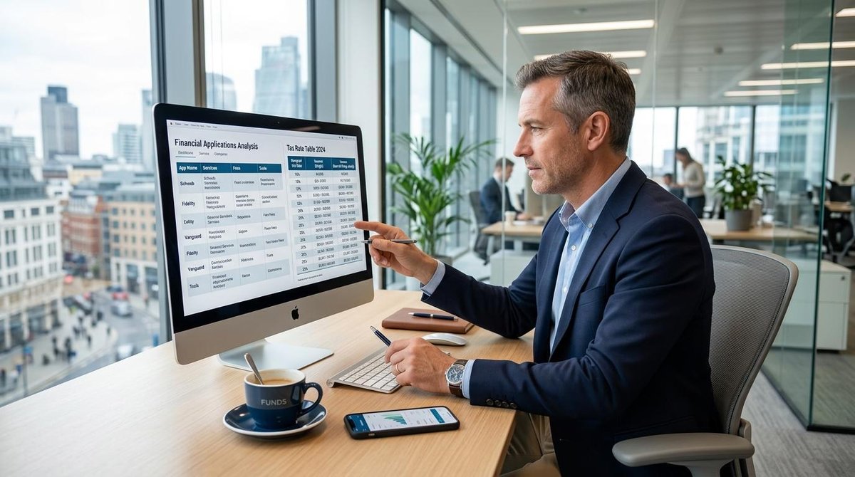 Investidor observando uma tabela de alíquotas em uma tela de computador enquanto compara diferentes tipos de aplicações financeiras, com café e smartp