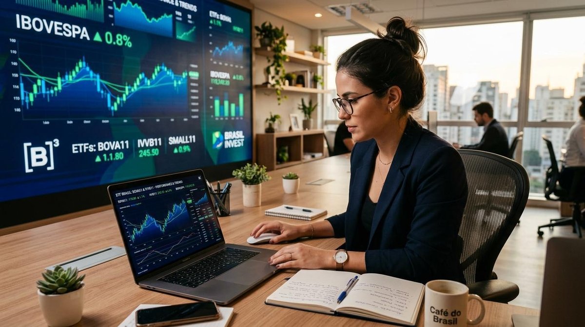 Pessoa analisando gráficos de ETFs em um notebook com dados da bolsa de valores brasileira
