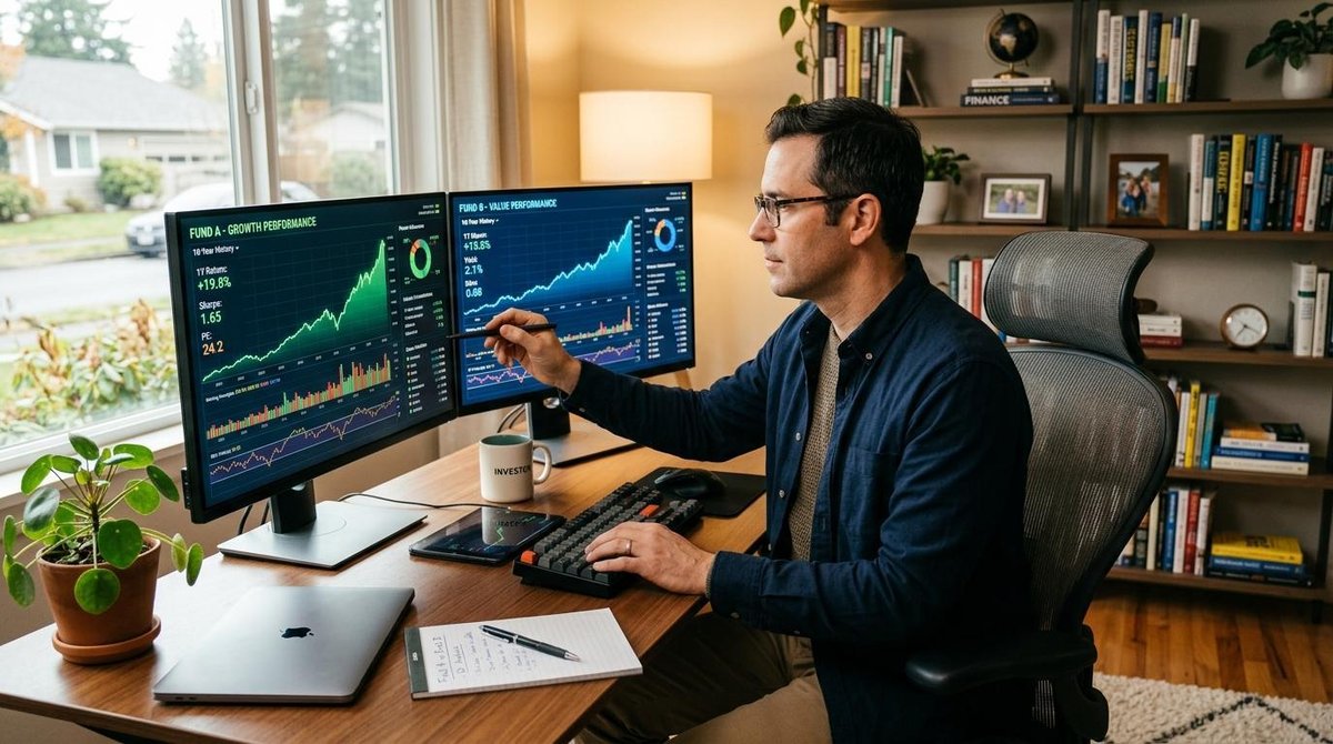 Um investidor adulto compara dados de desempenho de fundos em dois monitores lado a lado em um home office moderno e bem iluminado, com gráficos de li
