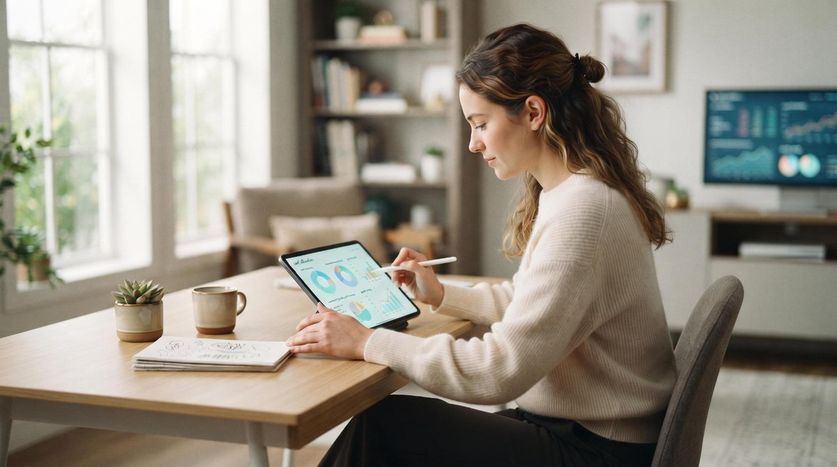 Pessoa analisando gráficos de distribuição de ativos em um tablet para montar seu portfólio de investimentos