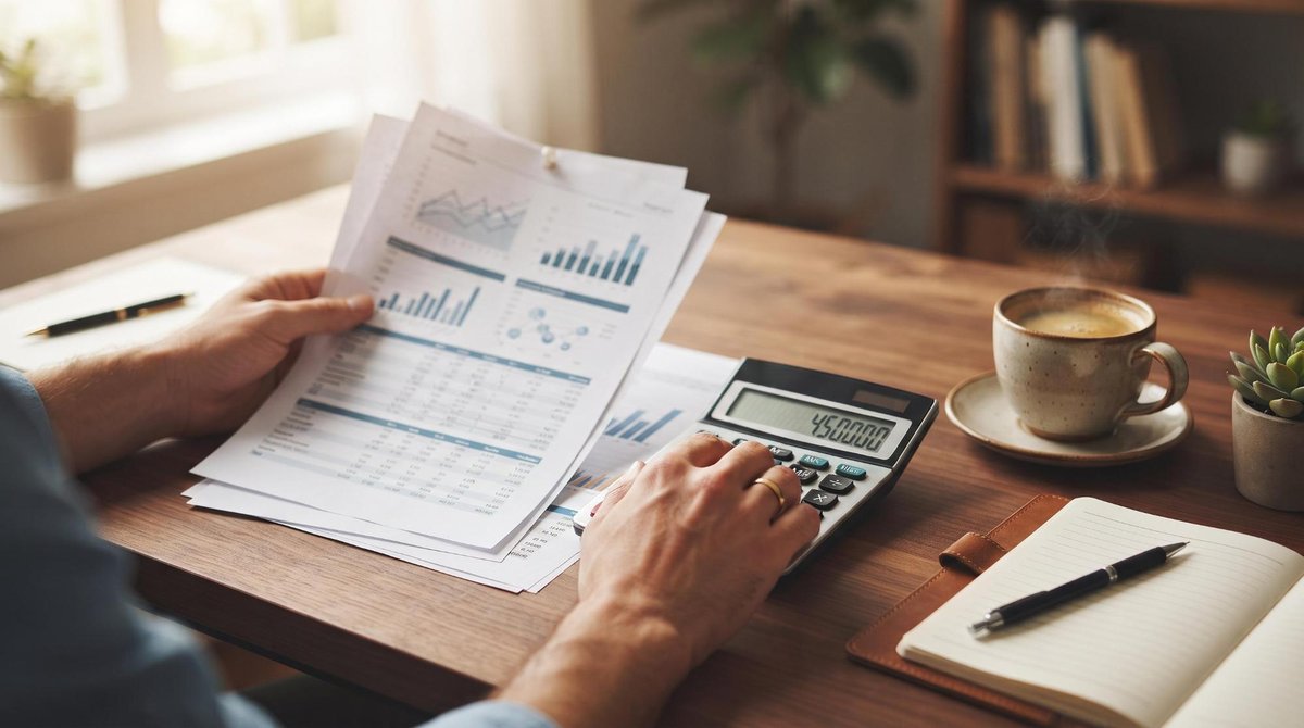 Primeiro plano de mãos segurando documentos financeiros e uma calculadora sobre uma mesa de trabalho limpa e organizada, com uma xícara de café ao lad