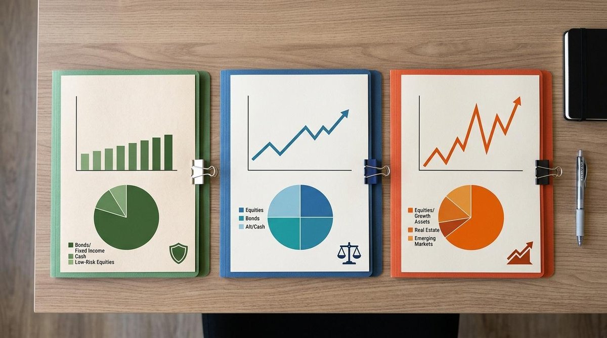 Visão superior de uma mesa com três pastas organizadas lado a lado representando diferentes perfis de investidor, cada uma com cores distintas e gráfi