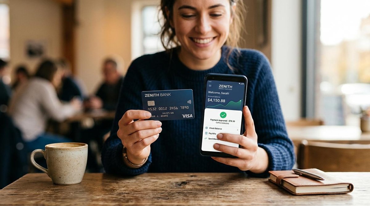 Mulher sorrindo segurando um cartão de banco e um celular