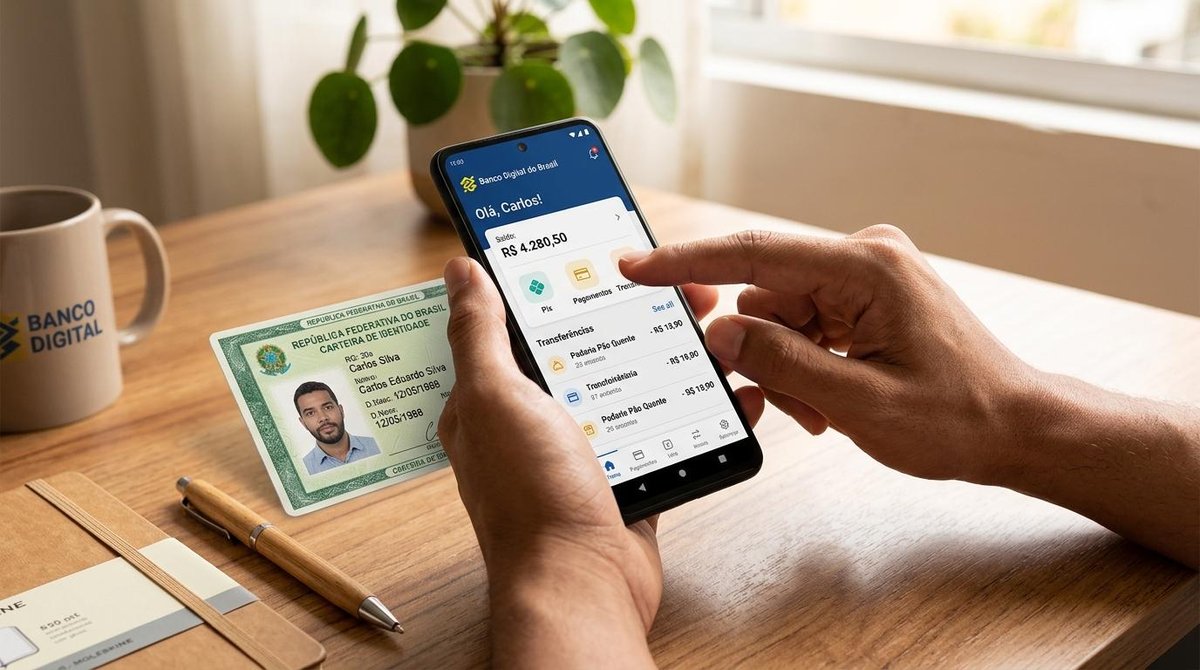 Homem segurando um celular mostrando a conta do banco com um RG ao lado