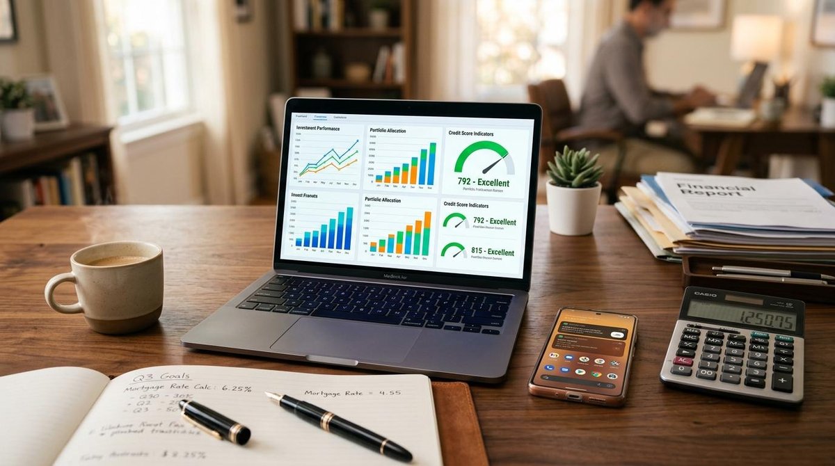 Computador aberto em uma mesa de escritório com gráficos e uma calculadora e celular ao lado