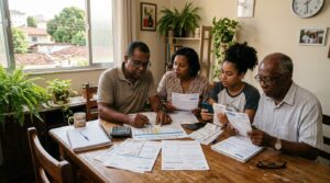 Uma família brasileira reunida em volta de uma mesa de jantar, analisando documentos financeiros, contas e recibos com uma calculadora ao lado, em um
