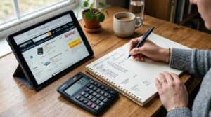 Mãos anotando uma lista organizada de produtos em um caderno aberto, com um tablet ao lado exibindo sites de compras e uma calculadora próxima, ilumin