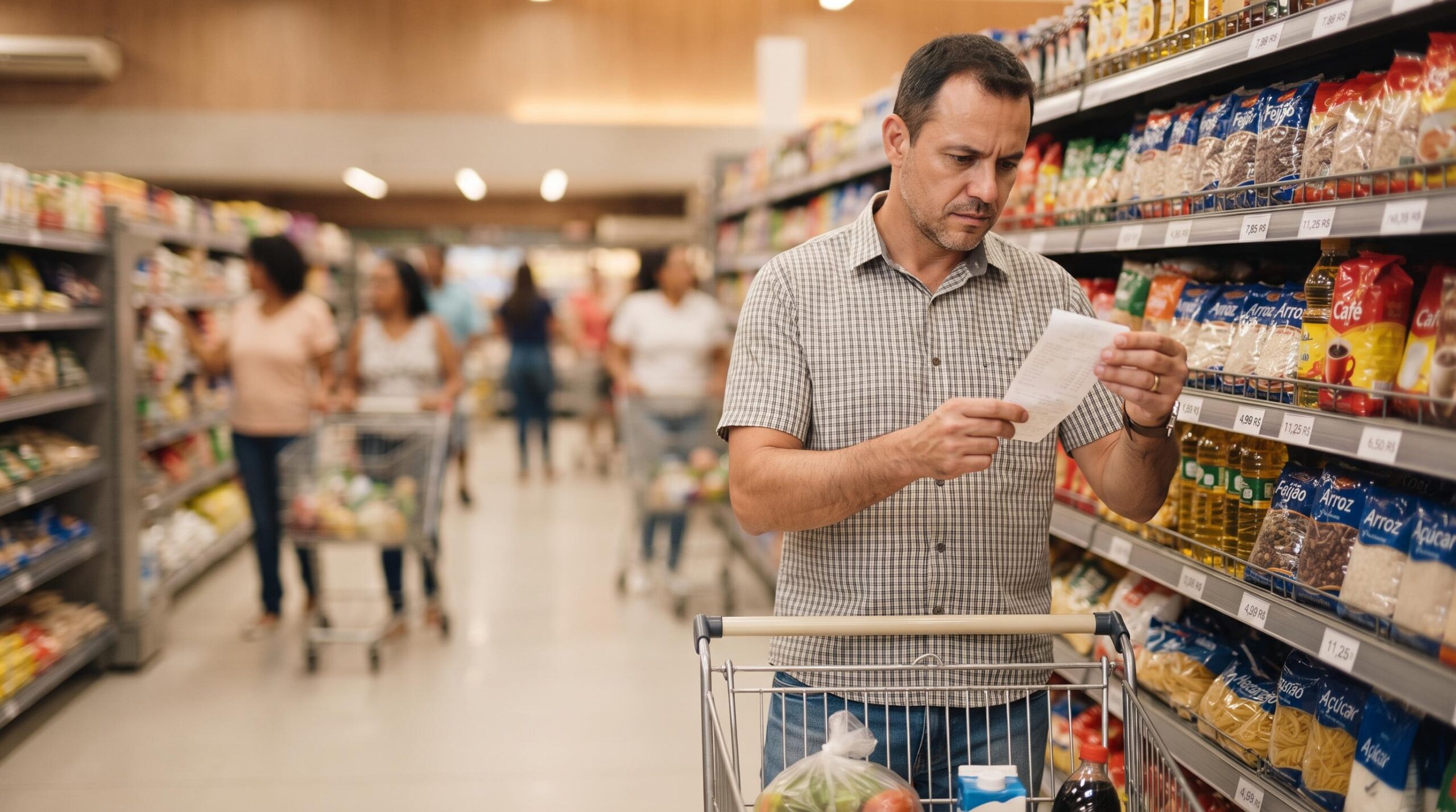 Pessoa analisando nota fiscal em um mercado enquanto compara preços de produtos da cesta básica