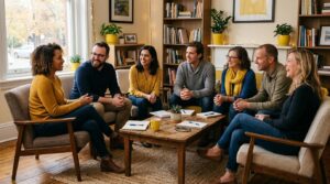 Profissionais de uma pequena empresa sentados em roda de conversa em um escritório aconchegante, com elementos amarelos sutis na decoração, atmosfera
