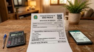 Um close de uma nota fiscal detalhada sobre uma mesa de madeira, com uma calculadora moderna e um smartphone ao lado, em um ambiente doméstico brasile
