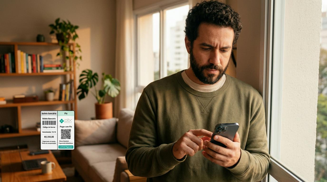 Pessoa verificando os dados de um boleto e um Pix no celular antes de confirmar o pagamento