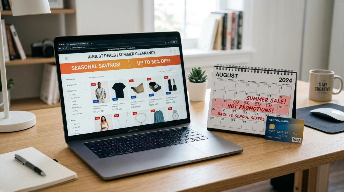 Mesa de trabalho moderna com um laptop aberto em uma loja virtual, um cartão de crédito genérico e um calendário marcado para o mês de agosto