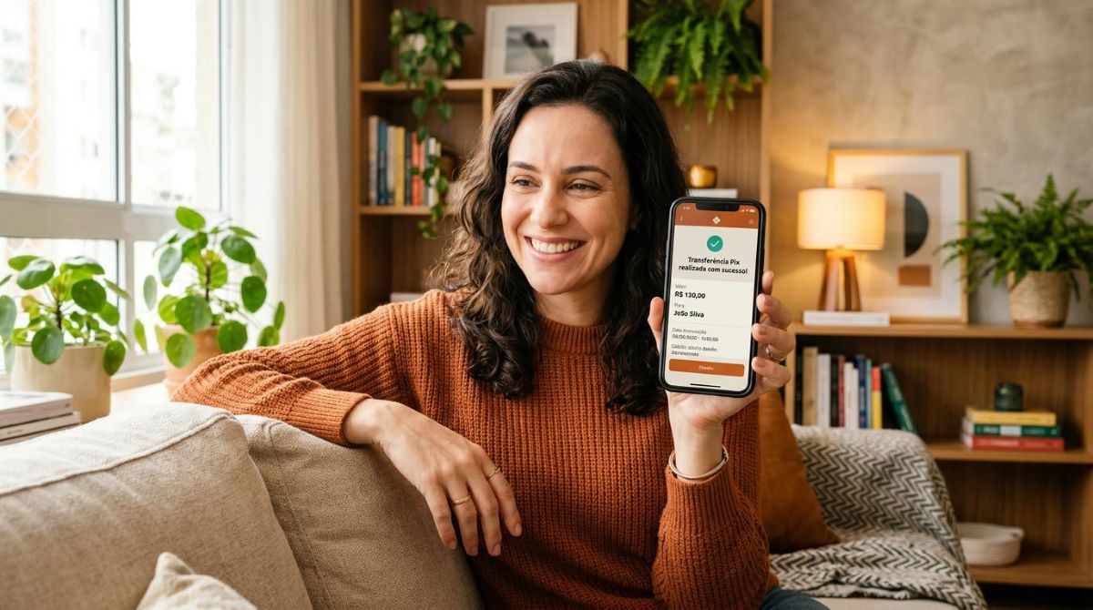 Pessoa consultando o comprovante de uma transferência Pix no celular enquanto segura um cartão bancário