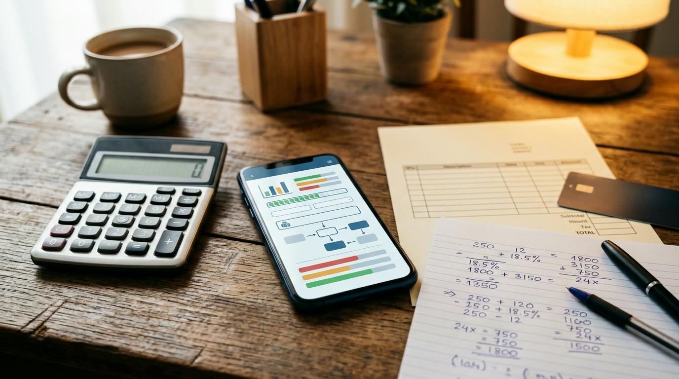 Primeiro plano de uma calculadora e smartphone aberto em app de parcelamento, ao lado de uma fatura de cartão de crédito e anotações com cálculos 