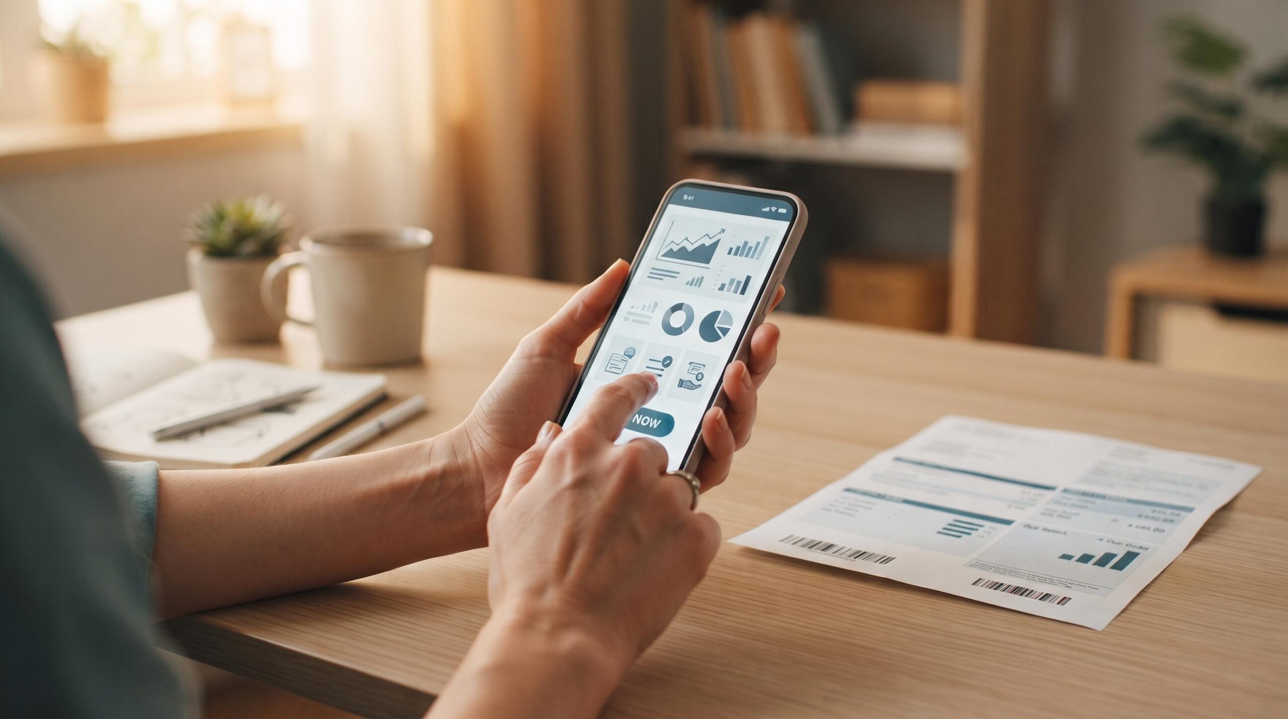 Mãos de uma pessoa adulta utilizando um smartphone que exibe uma interface de aplicativo bancário em uma mesa de escritório doméstico limpa