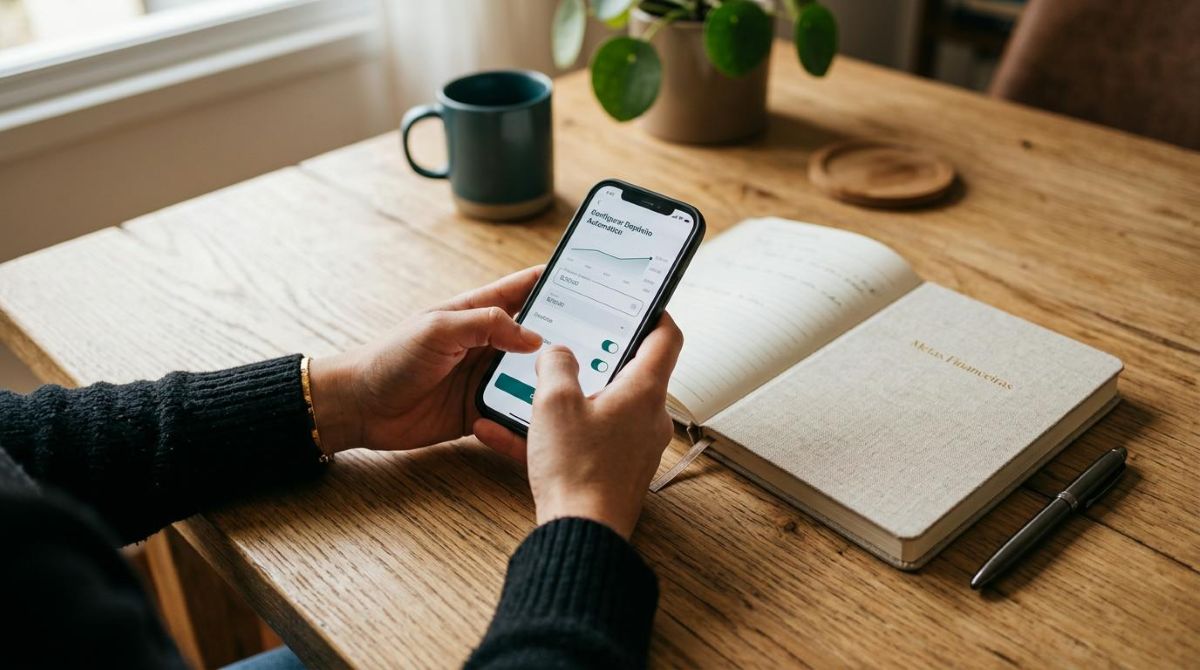 Mãos digitando em smartphone sobre mesa de madeira clara, configurando depósito automático em conta digital, com caderno de metas financeiras