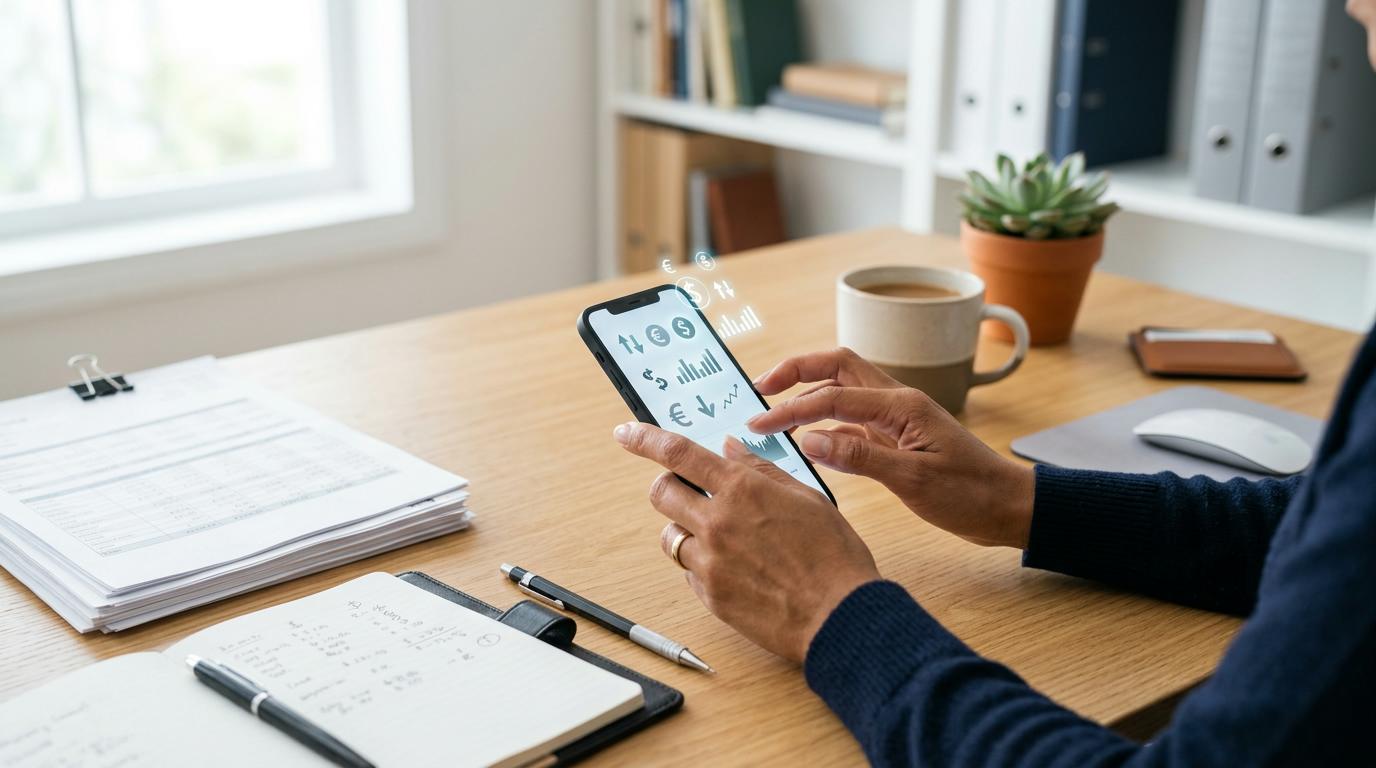 Mãos de uma pessoa adulta digitando em um smartphone sobre uma mesa de escritório organizada, com elementos visuais sutis sugerindo transferências ban