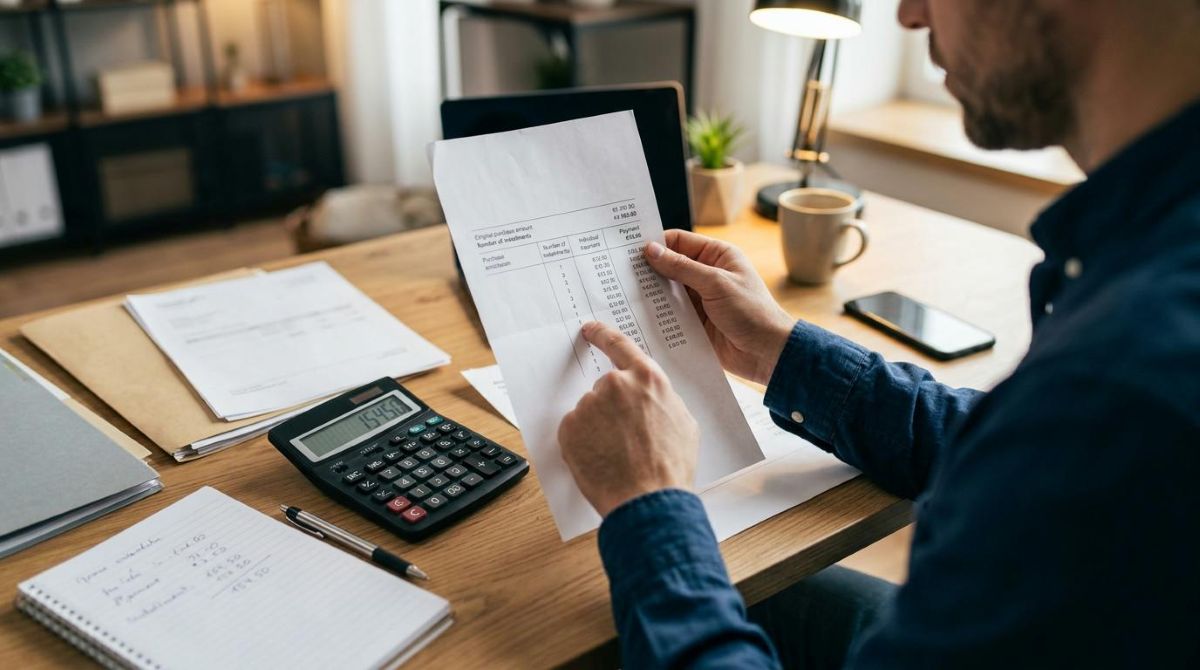 Pessoa analisando o comprovante de uma compra parcelada em uma loja de eletrodomésticos