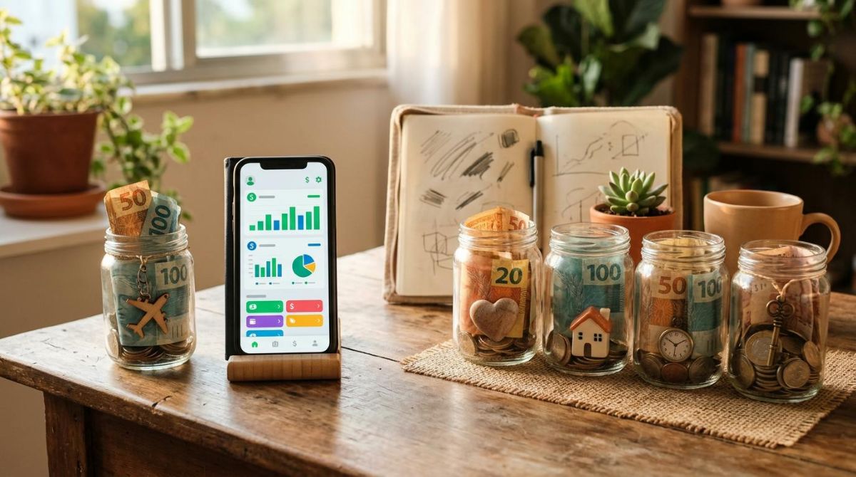 Mesa de trabalho organizada com smartphone aberto em aplicativo financeiro, múltiplos potes de vidro representando diferentes metas de poupança com