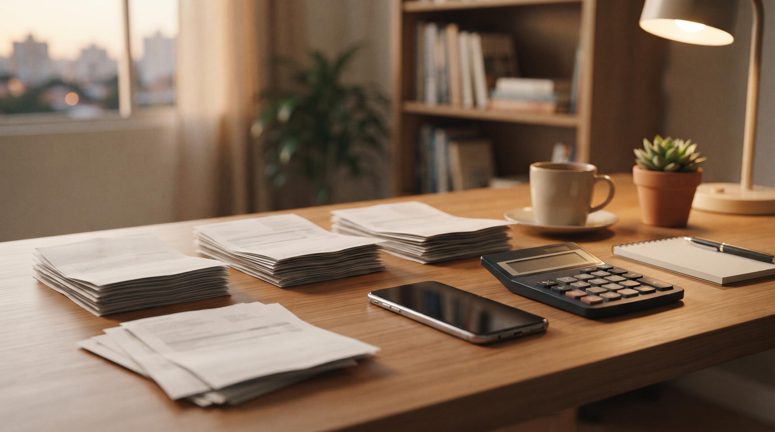 Uma mesa de trabalho organizada com contas domésticas brasileiras como água, luz e telefone dispostas ao lado de um smartphone e uma calculadora
