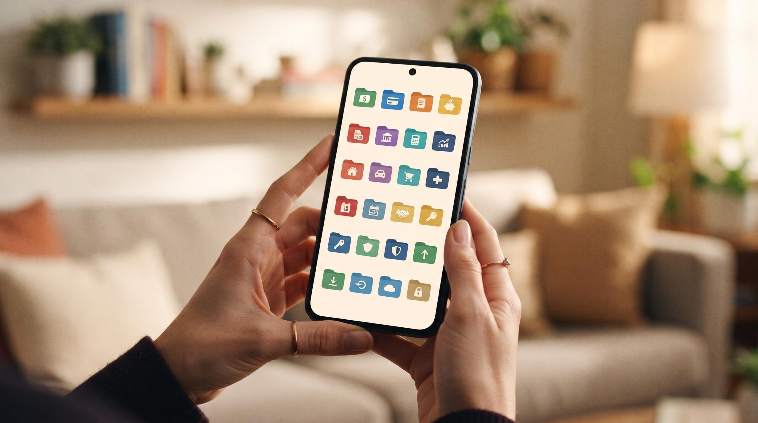 Mãos segurando um celular moderno com a tela exibindo um layout limpo e organizado de pastas digitais, representando a organização de arquivos finance