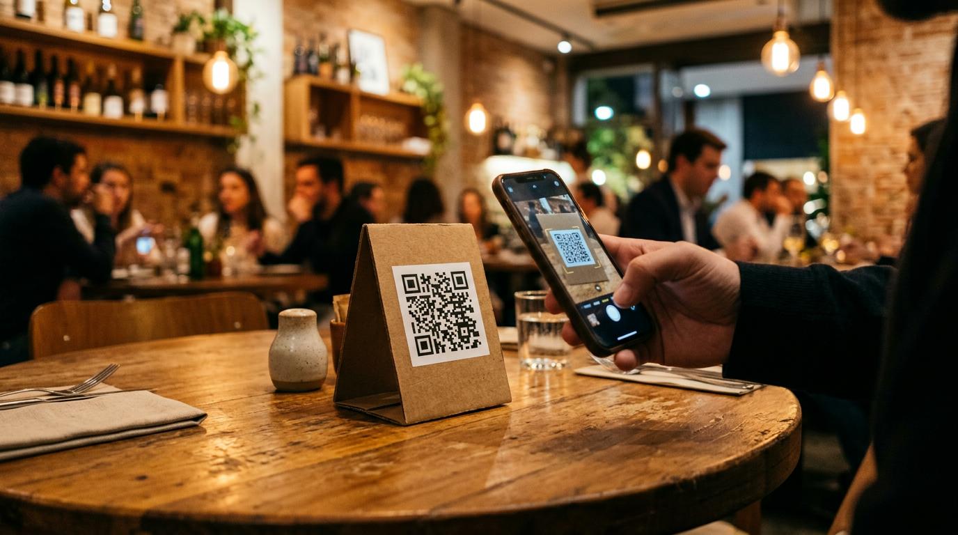 Mesa de restaurante com um suporte de papelão exibindo um QR code impresso, smartphone aproximando-se para escanear o código, iluminação ambiente acol