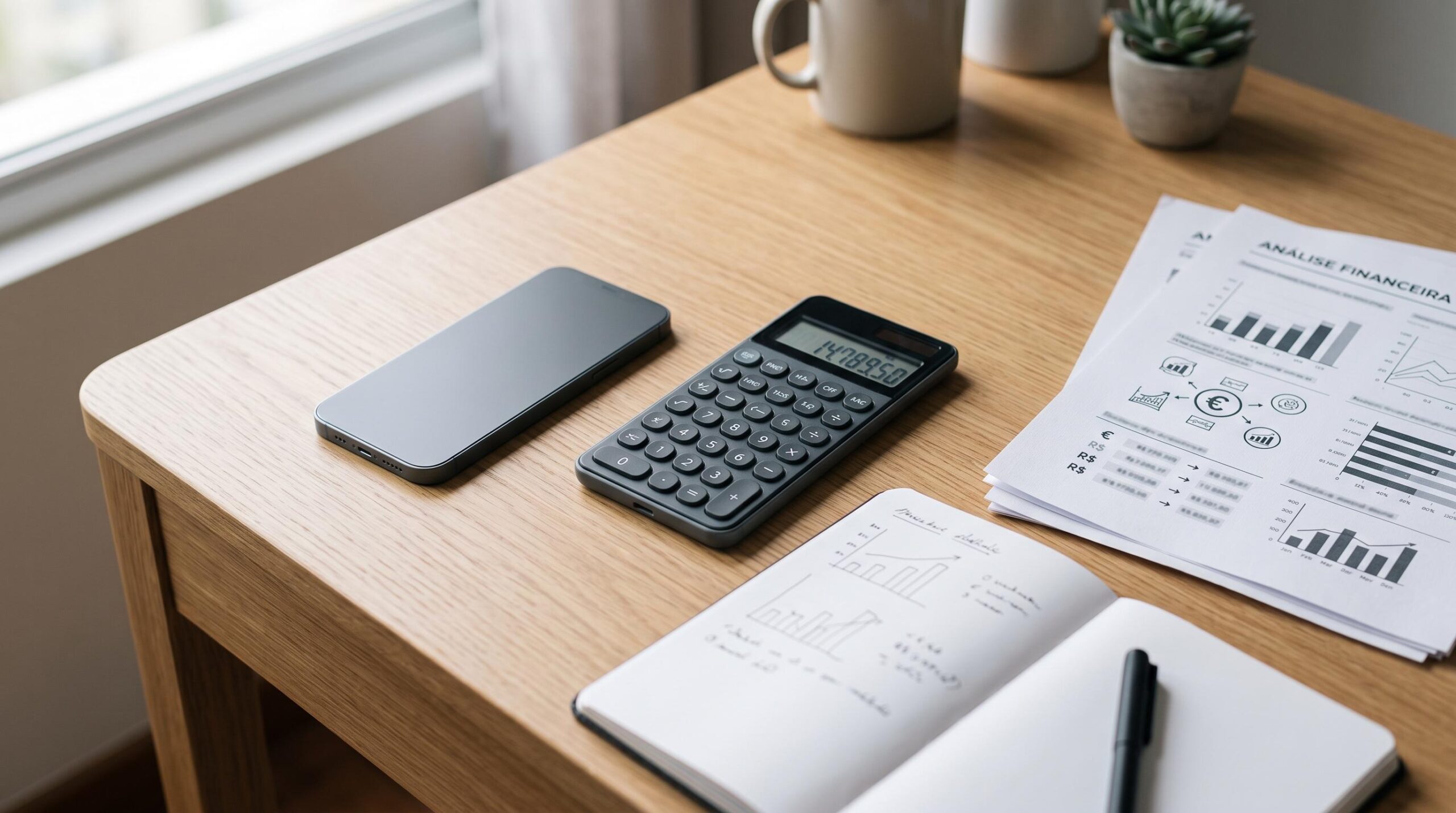 Um smartphone ao lado de documentos financeiros e uma calculadora sobre uma mesa de trabalho moderna, representando o cálculo de limites bancários, co