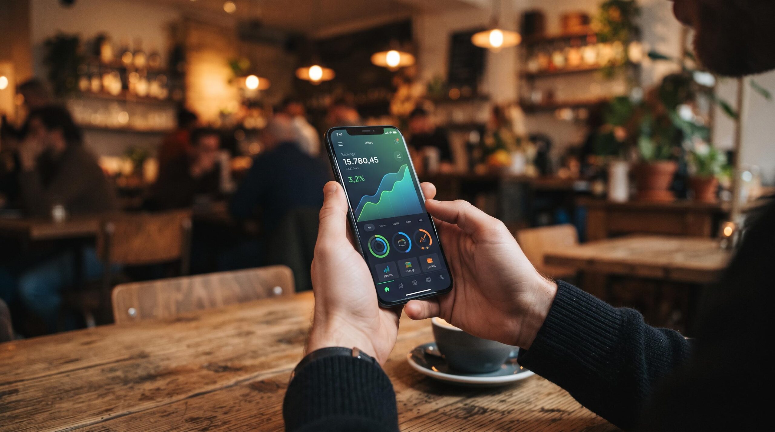 Mãos segurando um smartphone aberto em um aplicativo de investimentos digitais, com fundo desfocado de um café aconchegante
