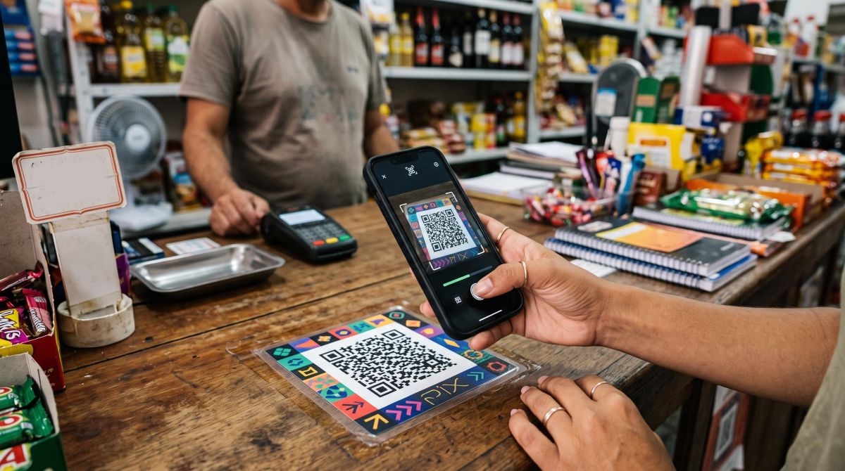 Mãos de uma pessoa segurando um smartphone com um aplicativo bancário aberto prestes a escanear um QR code impresso em um adesivo sobre um balcão