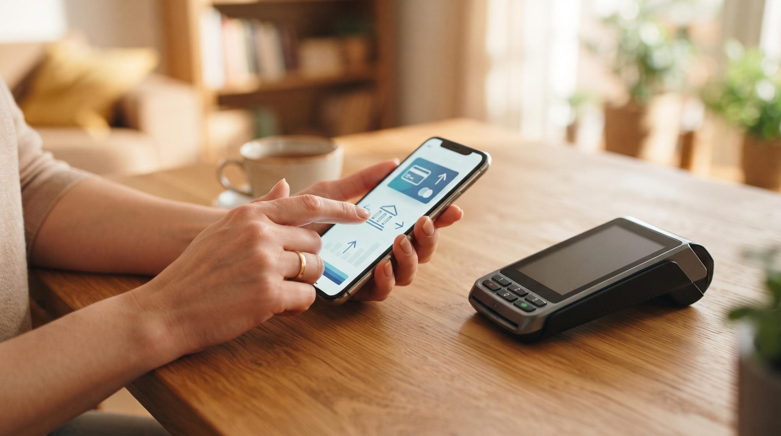Mãos digitando em um smartphone sobre uma mesa de madeira com uma maquininha de cartão ao lado, representando o vínculo entre carteira digital e conta